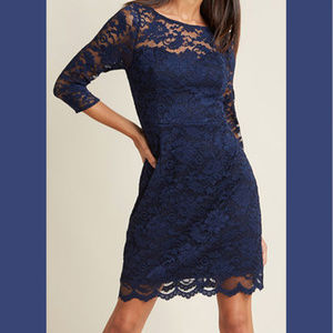 Navy Lace Sheath Dress- Illusion Neckline (L)